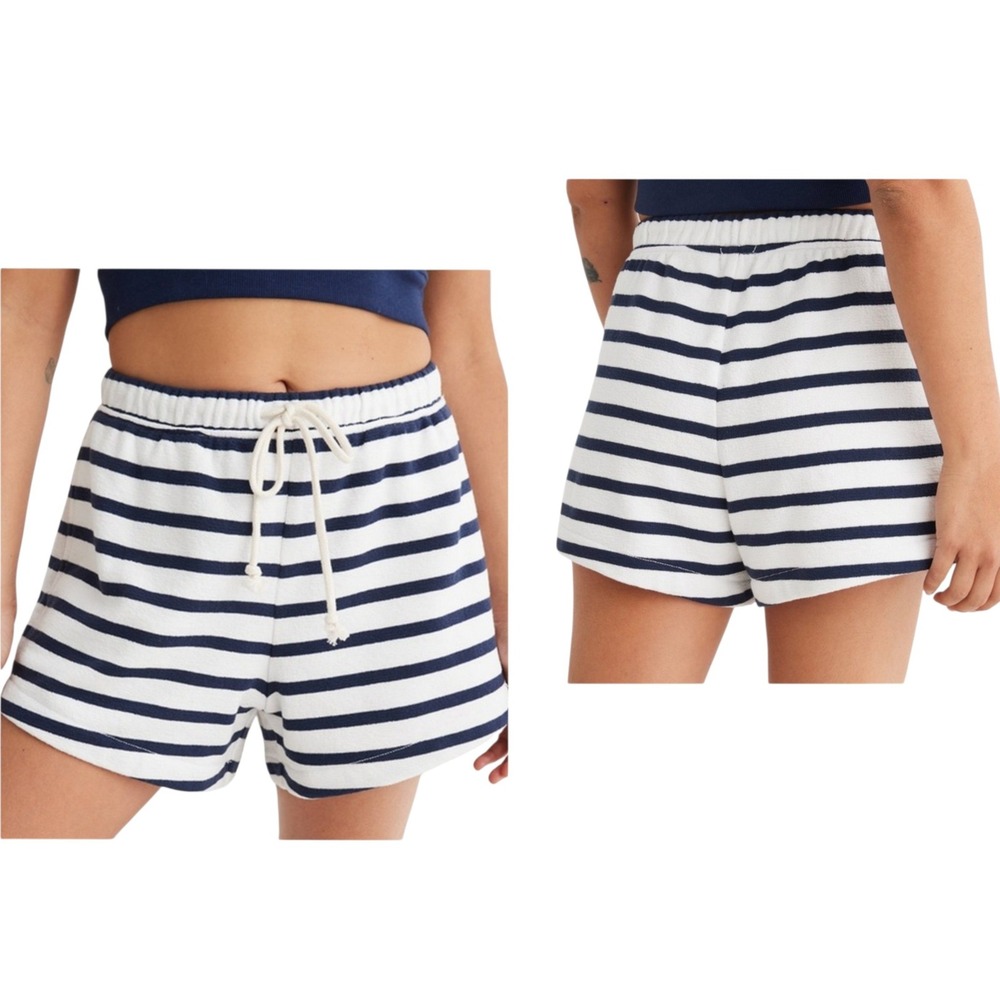 Aerie Striped Fleece Lounge Shorts Navy White Drawstring 77275135 Mens Medium‎
